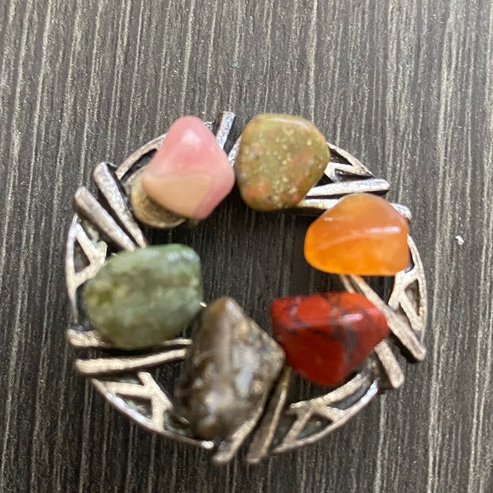 Multistone Circle Brooch in Pink, Green, Orange, Red and Brown